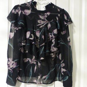 LE CHATEAU black semi-sheer floral ruffle top
